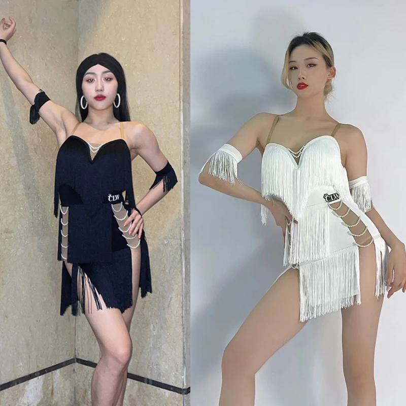 

2022 Sexy Latin Dance Dress For Women Pearl Fringe Dress Stretch Practice Dress Smaba Tango Latin Performance Costumes DQS8861