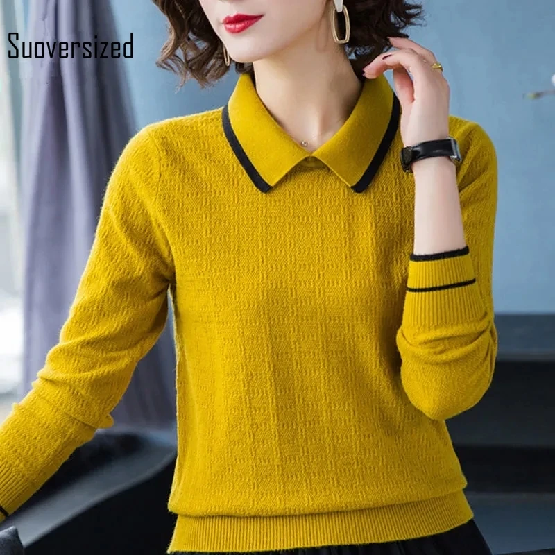 

Korean Style Short Knitted Pullover OL Women Casual Big Size Peter pan Collar Thin Sweater Chic Long Sleeve Knitwear Female