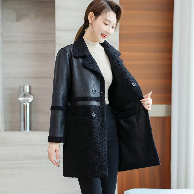 XL-6XL Plus Size Women Reversible Sheepskin Coat 2022 Winter Turn-down Collar Lambskin Leather Jacket Female Long Wool Fur Coat