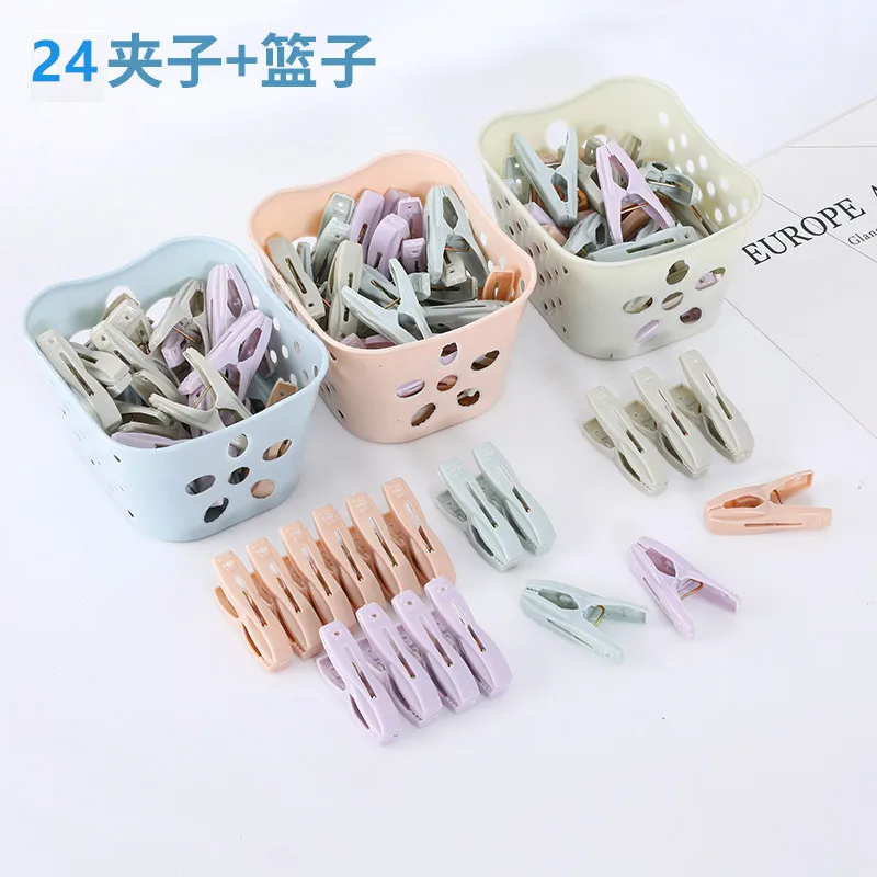

Small Plastic Clips with Storage Basket Quilt Drying Clips 24pcs Strong Windproof Clips Underwear and Socks Drying Clothes Pegs