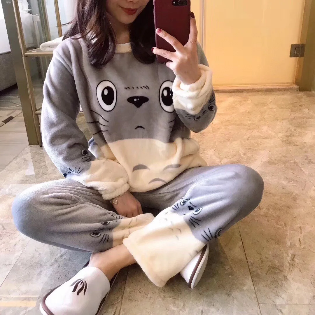 Autumn Winter Flannel Pajamas for Women Students Cute Plus Velvet Thickening Warm Sleepwear Cartoon Coral Velvet Home Clothes