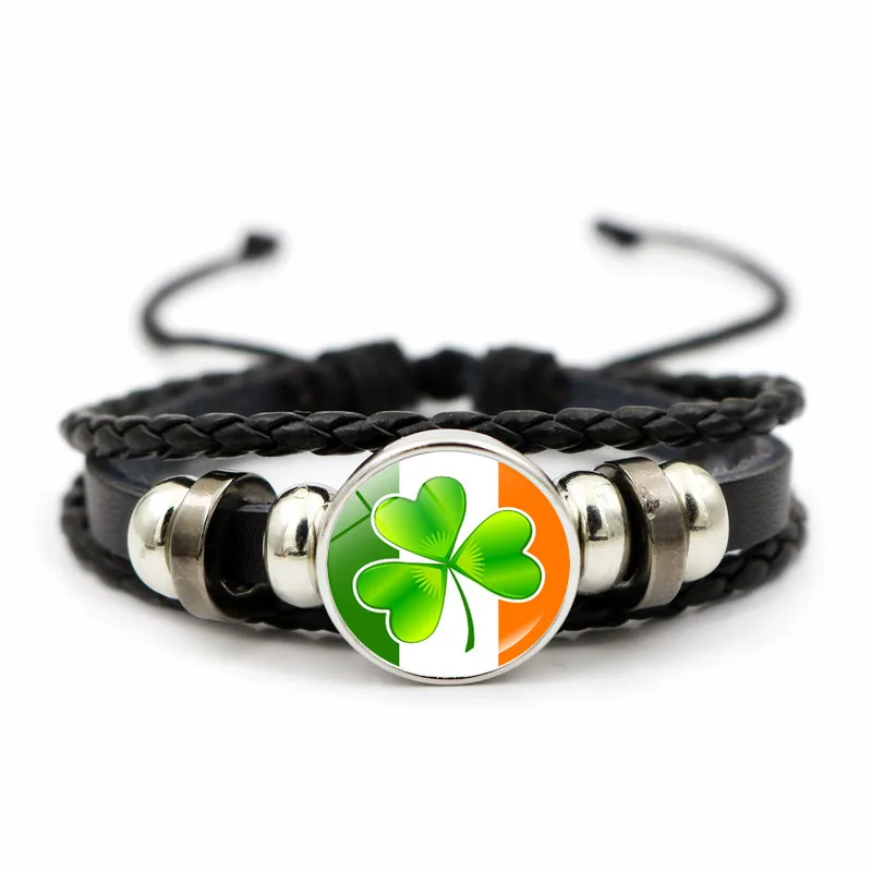 Ирландский флаг клевера кожаный браслет тканые бусины с зеленой счастливой