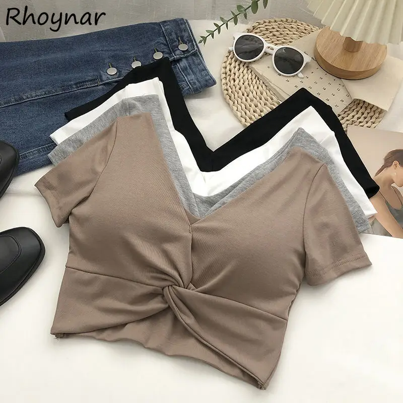 

V-neck with Chest Pad Short Sleeve T-shirts Women Summer Fashion Simple All-match Casual Sporty Chic Crop Tops Cozy Slim Mujer