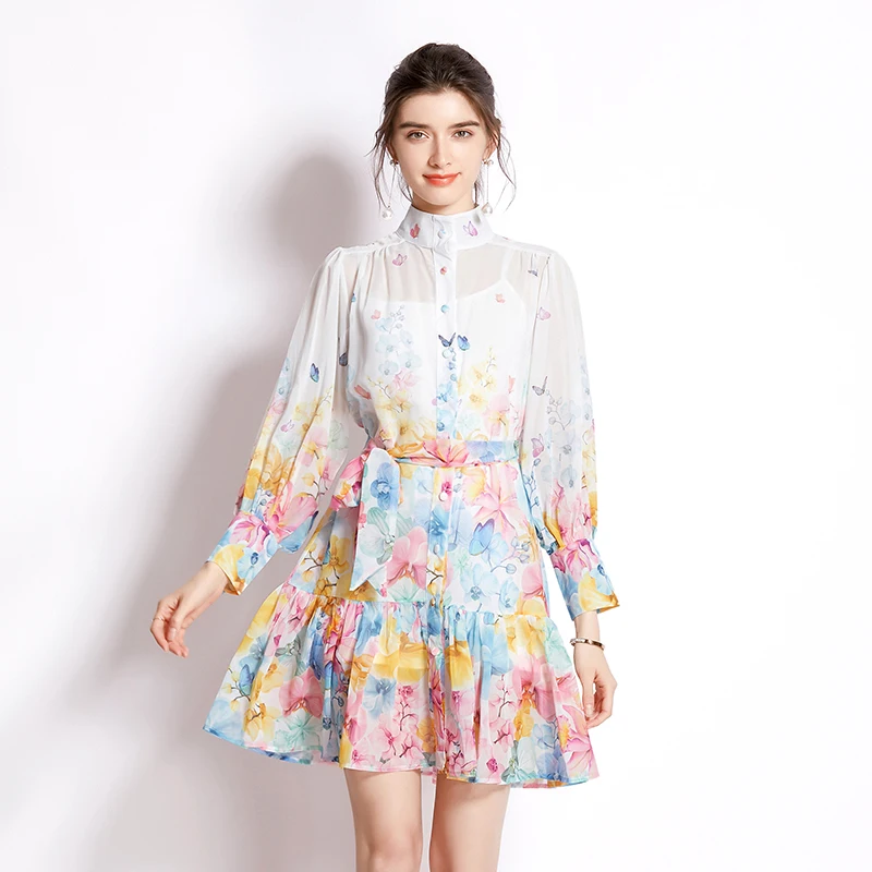 

Aibeautyer New Casual Summer Floral Print Slim Full Lady Button Dress A Line Stand Collar Chiffon Single Breasted Dresses