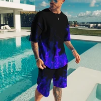 summer mens tracksuit flame pattern t shirt short set fashion outfit sports jogging suit outdoor clothing casual streetwear