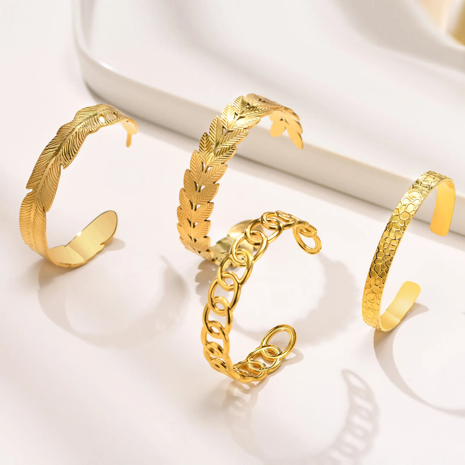 

Women Golden 18 K Cuff Bangle Bracelet,Fashion Metalic Stainless Steel Hollow Chain Heart Feather Leaf Charm Wristband Jewelry