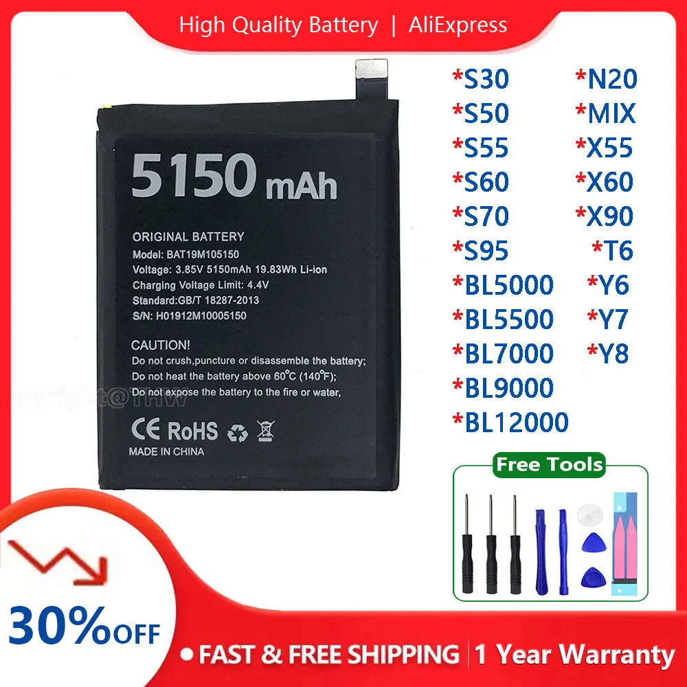 Original Doogee Battery For DOOGEE S30 S50 S55 S60 S70 S95 N20 X55 X60 X90 Y 6 7 8 BL5000 BL5500 BL7000 BL9000 BL12000 Battery