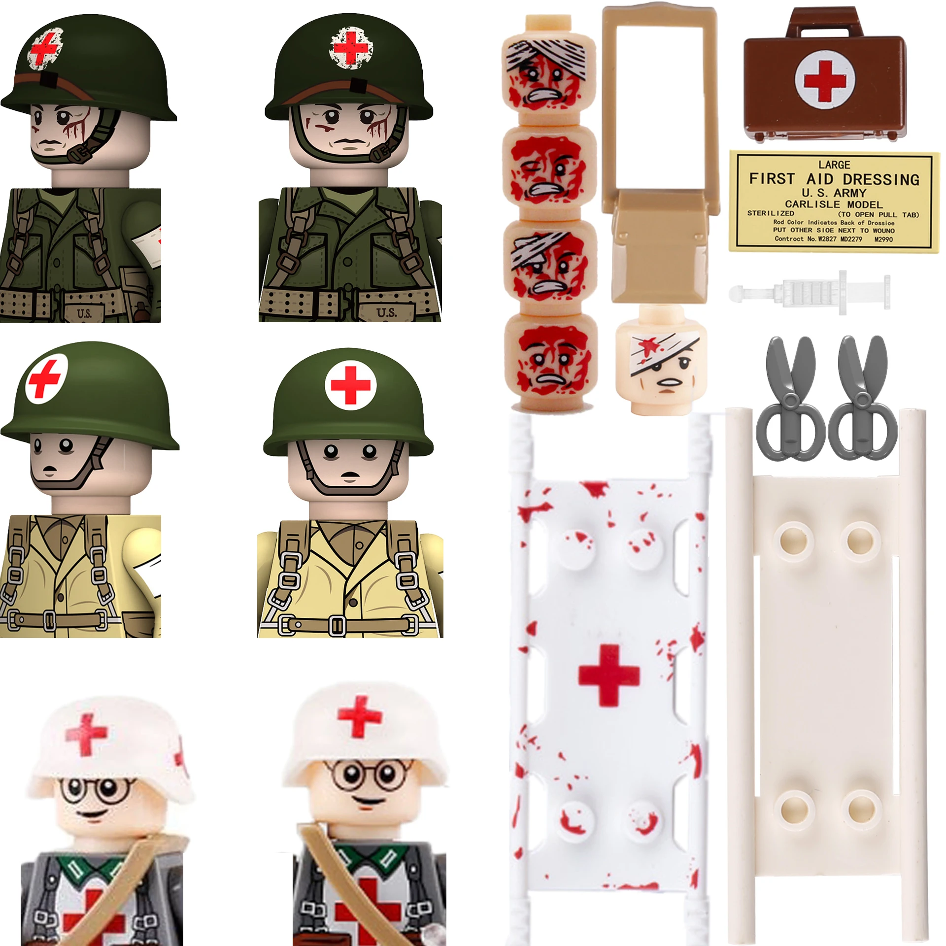 

Военные медицинские бриллианты Второй мировой войны, медицинские фигурки с поврежденной головой, аксессуары, растягивающая коробка, оружие, DIY Кирпичи, игрушки для мальчиков