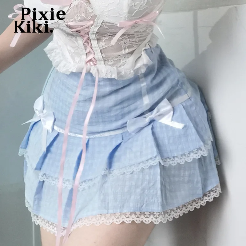 

PixieKiki Baby Blue Gingham Mini Skirts for Women Y2k Clothes Kawaii Harajuku Bow Lace Trim High Waisted A Line Skirt P77-DI11