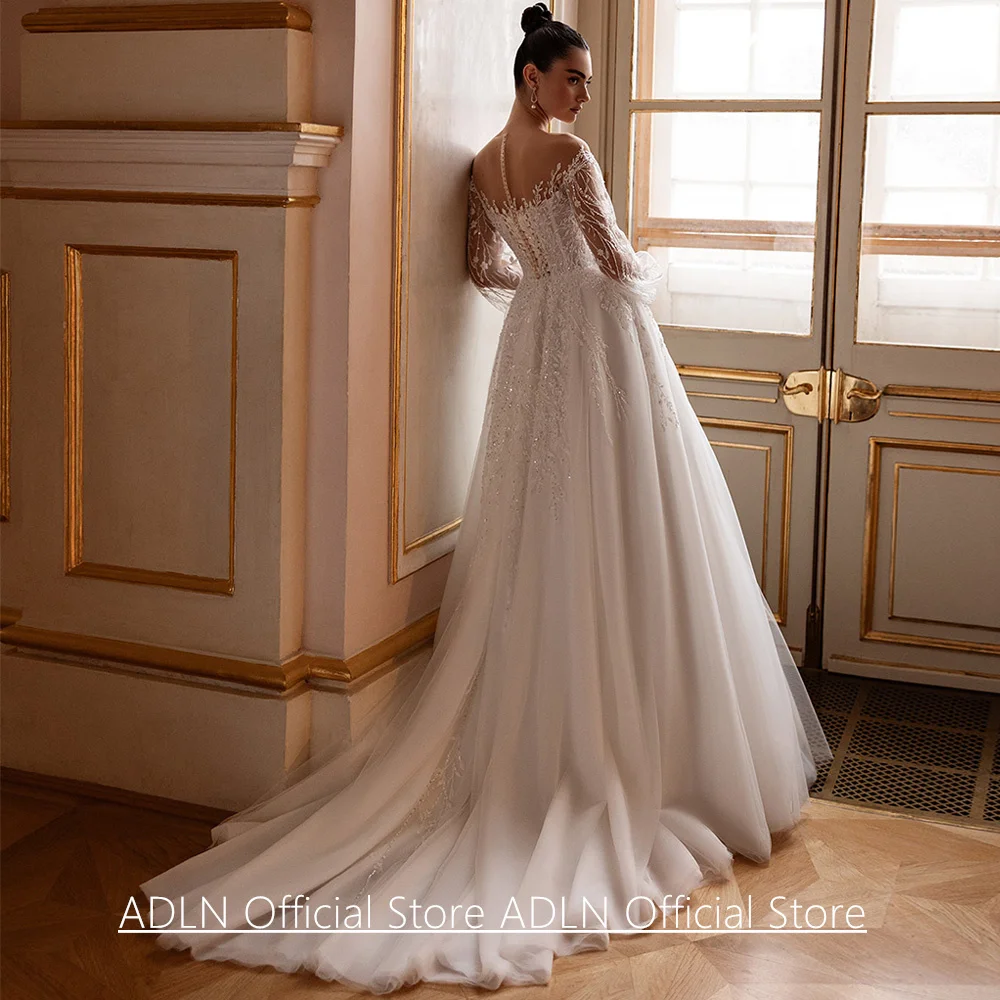 Фото Свадебное платье Vestidos De Novia, прозрачное свадебное платье с длинными рукавами и блестящей аппликацией из бисера, свадебное платье со шлейфом для невесты №2