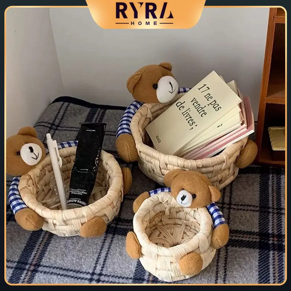 

Hanging Basket Sundries Organizer Cosmetic Organiser Cartoon Bear Print Handmade Storage Basket With Cotton Rope Home Decoration