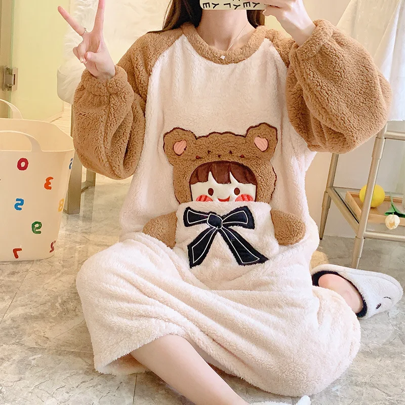 Winter Pajamas Women Plush Coral Fleece Sleepwear Cartoon Cute Warm Thick Nightgown Lovely Embroidery Loose Nightdress Nightwear