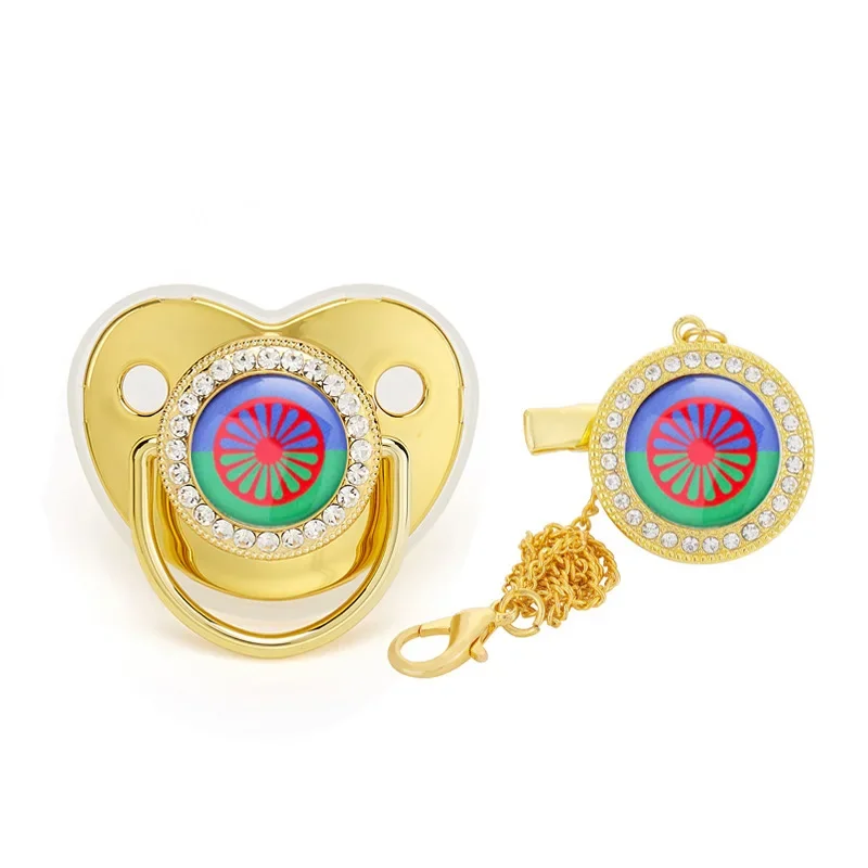 

Gypsy Style Luxury Gold Baby Point Drill Pacifier With Chain Clip Flag Theme Newborn Baby Dummy Soother Nipple 0-12 Months