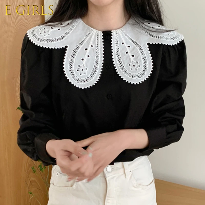 

E GIRLS Korean Hook Hollow-out Peter Pan Collar Blouse Causal Puff Long Sleeve Women Shirt Spring Blusas Feminimos