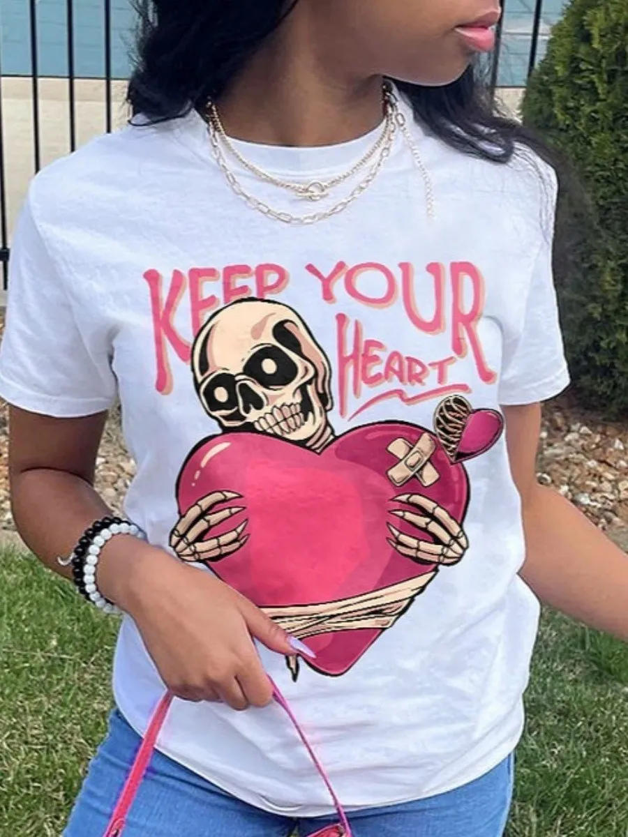 

LW Heart Skull Head Letter Print T-shirt summer Short-sleeved T-shirt Summer Casual Oversized T-shirt women‘s Shirt top