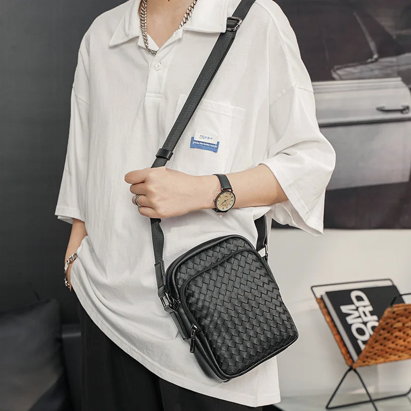 

Fashion Small Shoulder Bag Men Crossbody Bag Woven Leather Shoulder Messenger Bag Men Double Layer Mobile Phone Bag Handbags