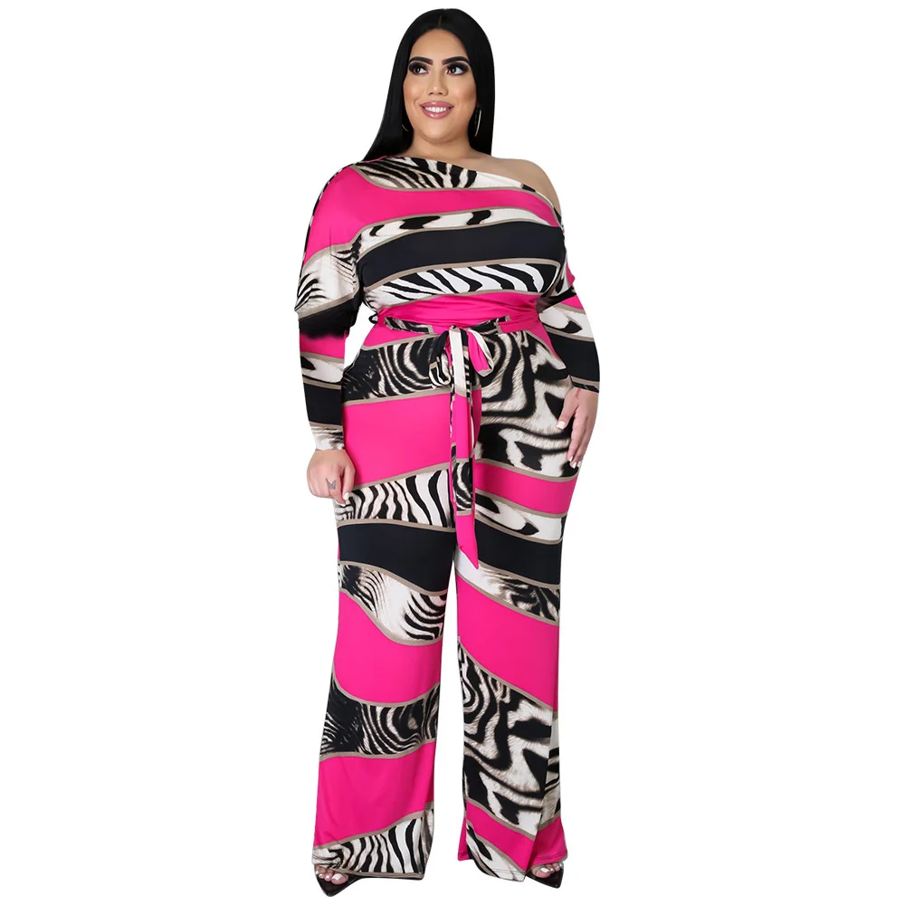 

plus size Casual Women's One Piece Outfit Printed Diagonal Shoulder Strap Lace-up Elegant Jumpsuit Wide Leg Pant Dropshipping