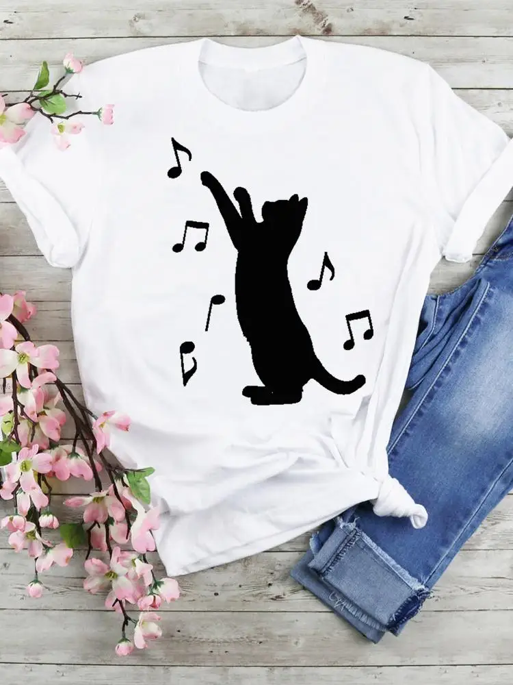 

Футболки, топы с коротким рукавом и принтом кошки и любви, модные повседневные женские летние женские футболки с мультяшным рисунком, одежд...