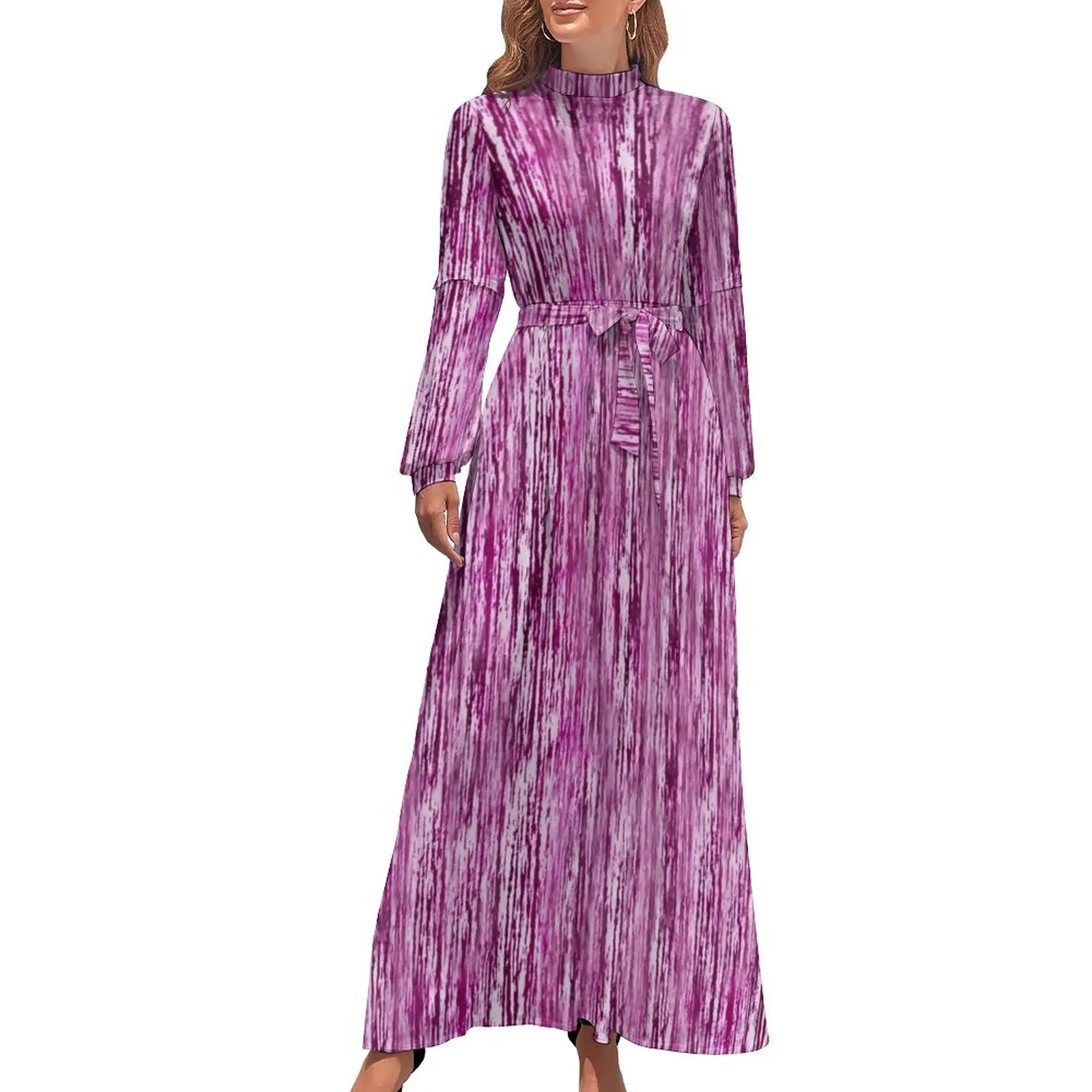 

Pink Tie Dye Dress Abstract Print Modern Maxi Dress Aesthetic Bohemia Long Dresses High Neck Graphic Clothes