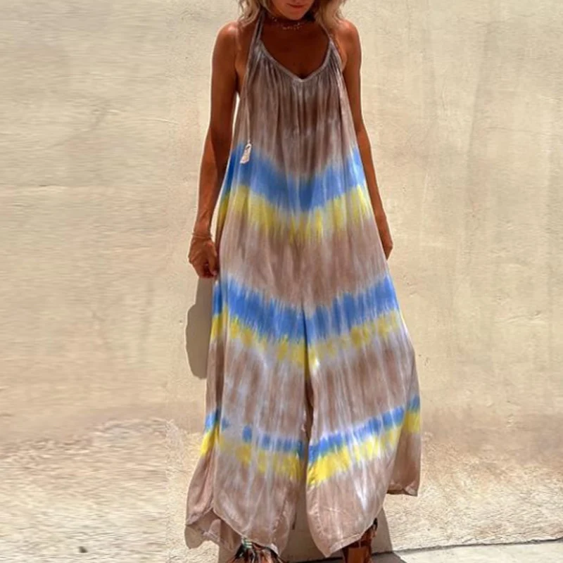 

Sexy Tie-dye Print Patchwork Halter Jumpsuits Women Off Shoulder Backless Playsuit Romper Spring Summer Backless Hollow Overalls