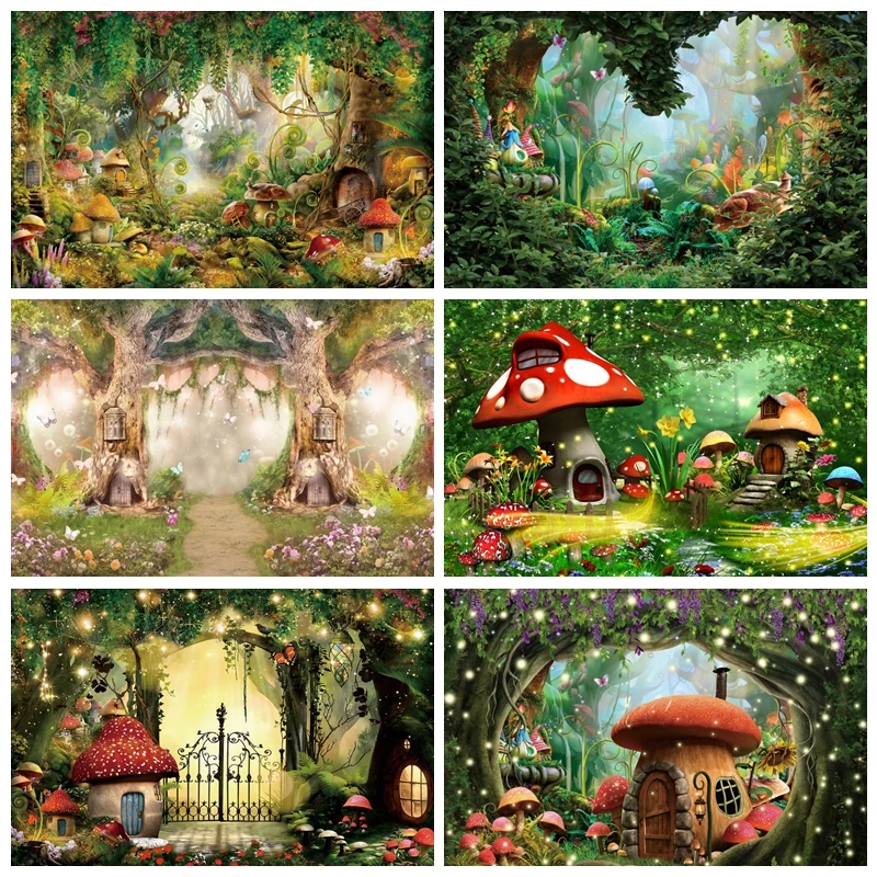 

Fairy Tale Enchanted Forest Backdrop Photography Wonderland Dreamy Jungle Mushroom Baby Birthday Party Background Photo Studio