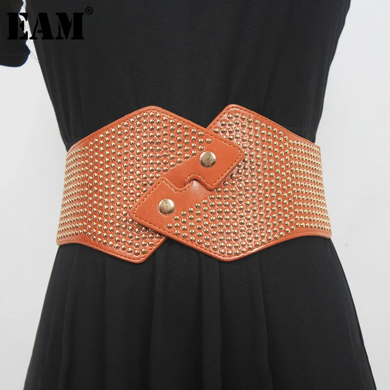 

[EAM] Black Rivet Pu Leather Cross Elastic Wide Belt Personality Women New Fashion Tide All-match Spring Autumn 2023 1DF0201