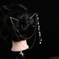 nunchaku hairpin double chain two pin strand tassel fork chinese hanfu clip ornaments accessories for women pearl hair stick