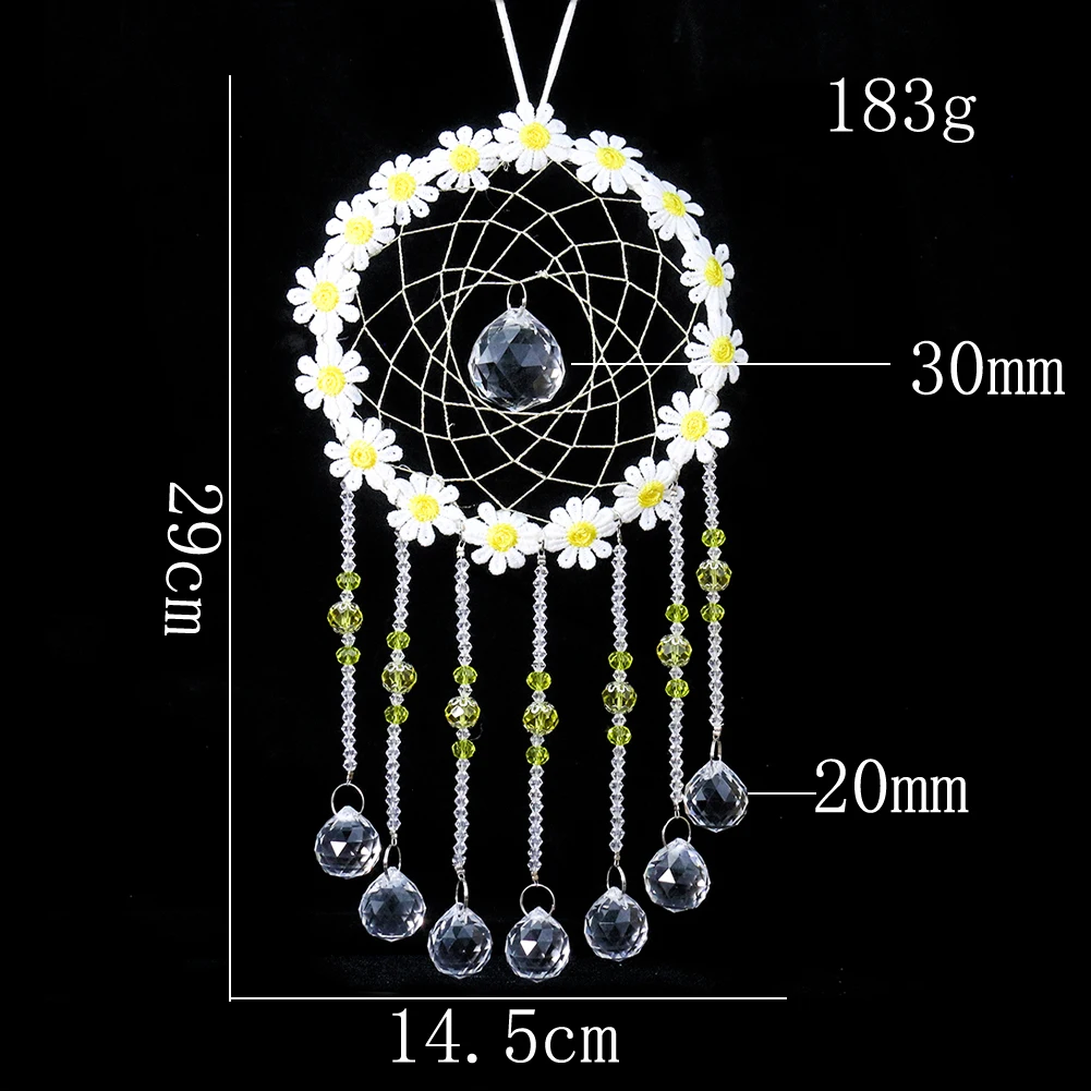 

Buddhist Lotus Daisy Chrysanthemum Flower Lace Textiles Dreamcatcher Crystal Ball Glass Spacer Beads Tassel Fringe Hanging Decor