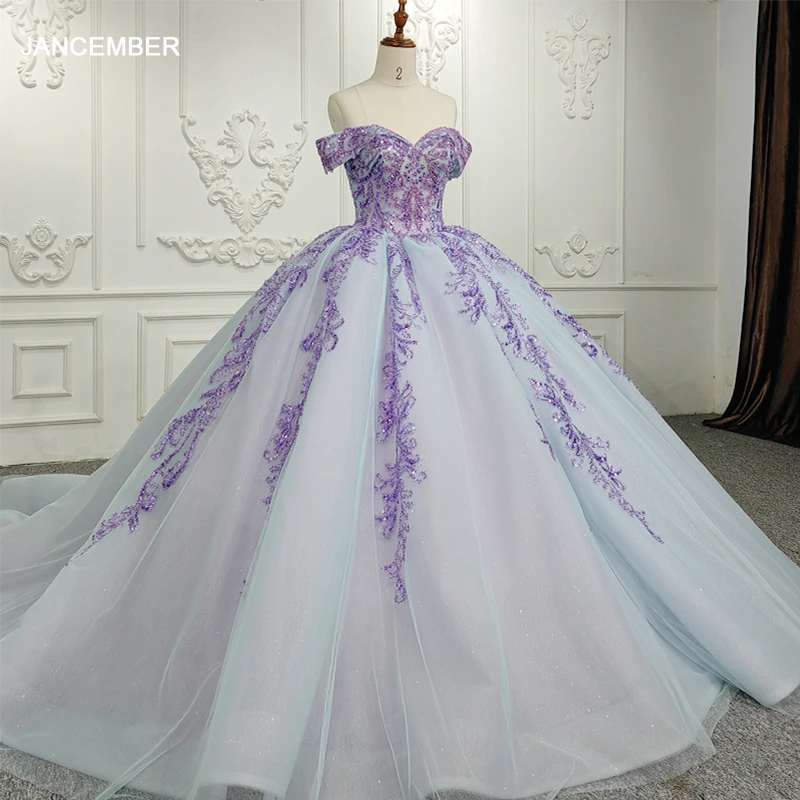 Jancember Princess элегантное синее платье Quinceanera из органзы с бисером и блестками на