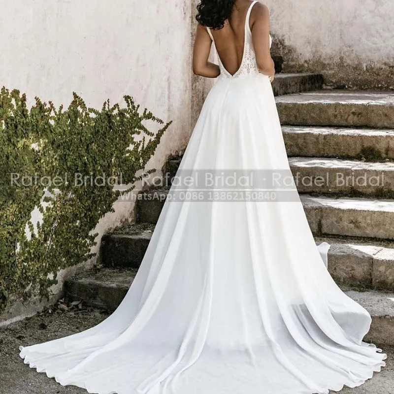

A Line Bohemia Beach Wedding Dress With Side Split Deep V Neck Backless Lace Flowing Chiffon Bridal Dresses