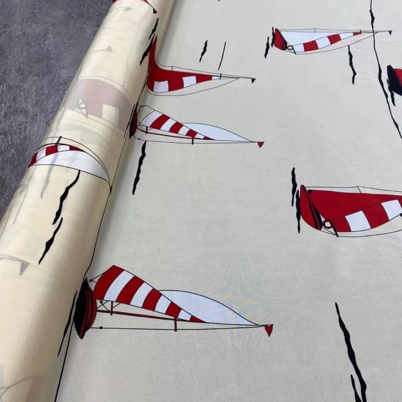 

Custom Silk Stretch Fabric for Dresses Crepe De Chine Beige Sailboat Mulberry Silk Shirt Desing Cloth for Sew Clothes Material