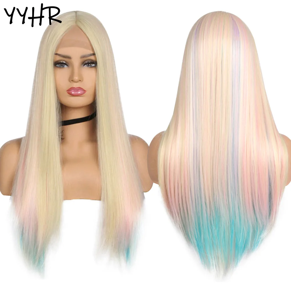Synthetic T Part Lace Wig for Women Ombre Pink Green Blue Natural Long Straight Women 13X1 4X1 Lace Female Wig Cosplay or Party
