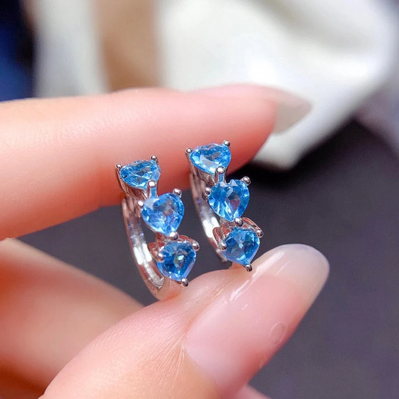 

MeiBaPJ Real 925 Sterling Silver Natural Blue Topaz Love Heart Ear buckle Stud Earrings Fine Charm Party Jewelry for Women