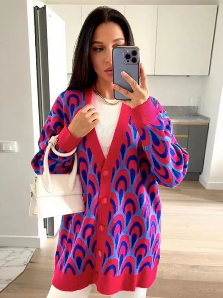 

Женский однобортный Кардиган, кардиган контрастных цветов с геометрическим принтом и V-образным вырезом, верхняя одежда на осень и зиму, 2022