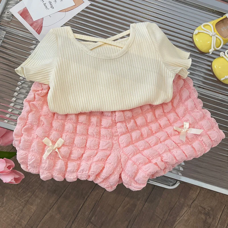 Детские летние костюмы принцессы мода 2025 однотонный топ с короткими рукавами для