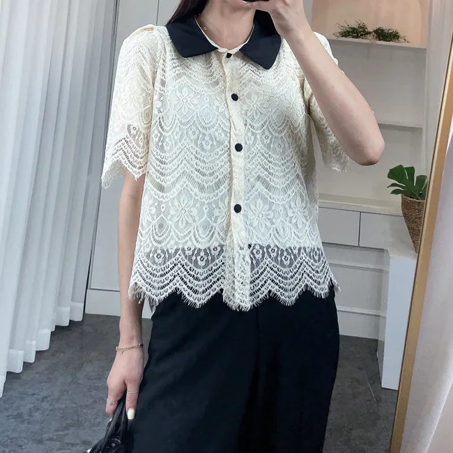 Корейские модные кружевные женские рубашки на пуговицах блузки женская летняя