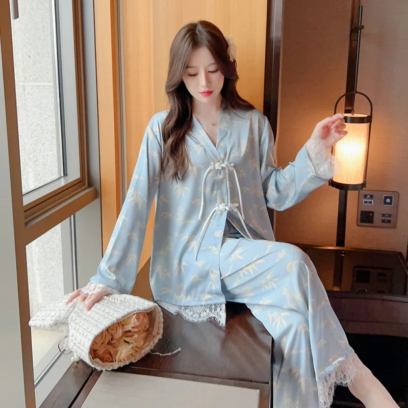 2023 Spring and Autumn New Pajamas Women's Ice Silk Buckle Bamboo Leaf Trousers Long Sleeve Homewear Suit Women's Pajamas