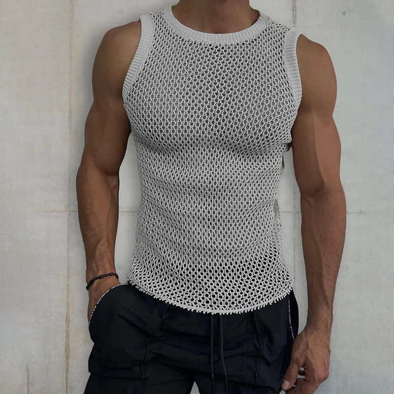 

Fashion Hollow Out Knitted Tank Tops Mens Casual Solid Color Crew Neck Sleeveless T Shirt Streetwear Men Summer Leisure Camisole