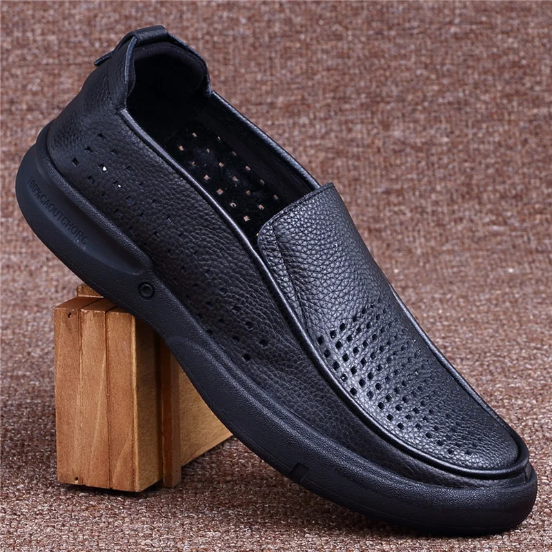 

Vintage Men's Genuine Leather Business Shoes Breathable Hollowed Holes Loafers Summer Thick Sole Designer Flats Black Brown