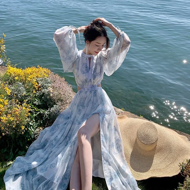 

Design sense: niche tea break French Kikyo first love Chiffon floral dress female summer gentle long skirt