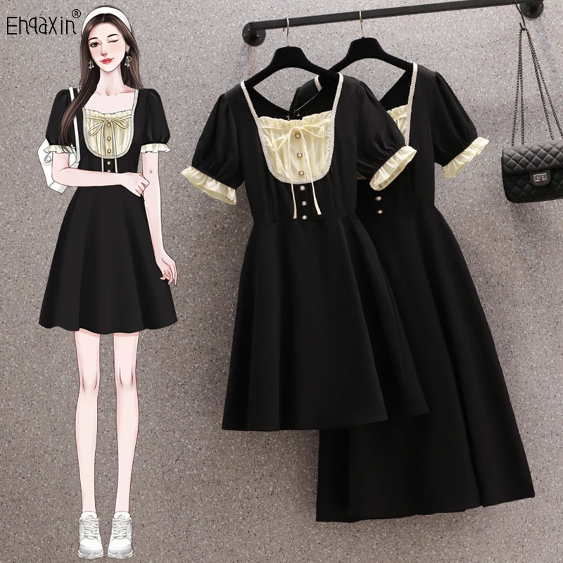 EHQAXIN Summer New Women's Dress Fashion 2023 French Ruffle Vintage Square Neck Elegant Lace-Up Small Black Dresses M-4XL