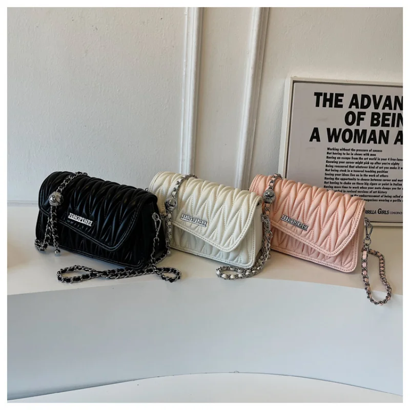 Luxury Pleated Chain Crossbody Bags for Women Pu Leather Shoulder Underarm Square Cute Lady Fashion Handbag Purse Summer Travel