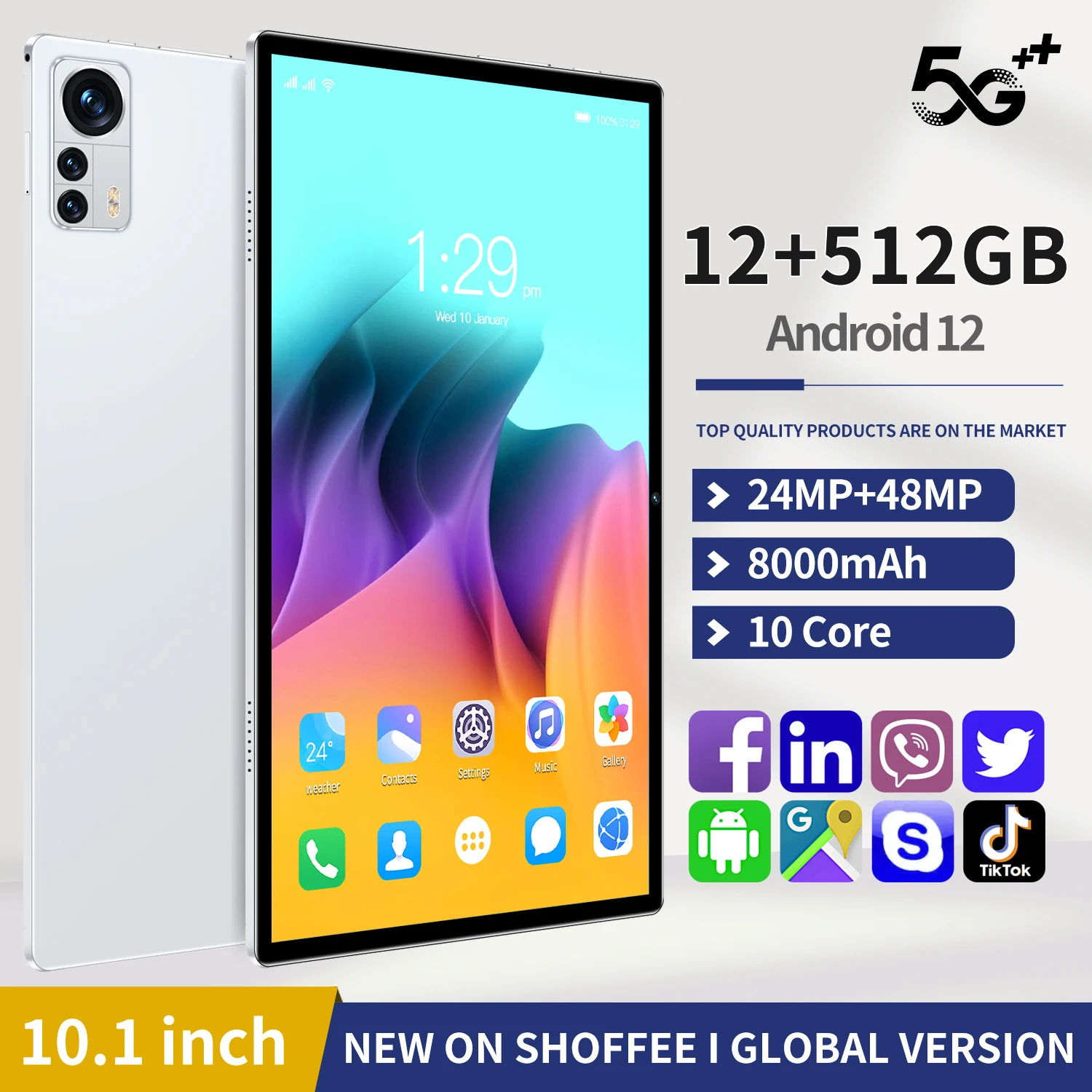 

Pro 10.1 Inch Tablets Octa Core 12GB RAM 512GB ROM Android 11 Google Play Dual 5G Network GPS Bluetooth WiFi Tablet PC