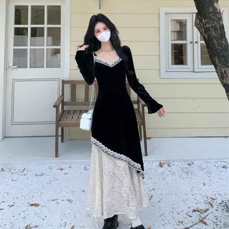 Элегантные винтажные велюровые кружевные тонкие платья с длинными рукавами и