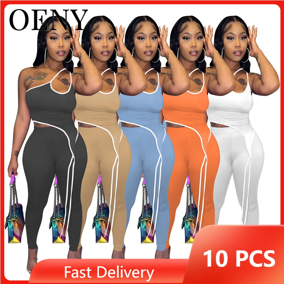 

2022 Summer Sexy 2 Piece Set Irregular One Shoulder Sling Hem Long Belt Top Comfortable Leggings Wholesale Items Bulk Lots O9187