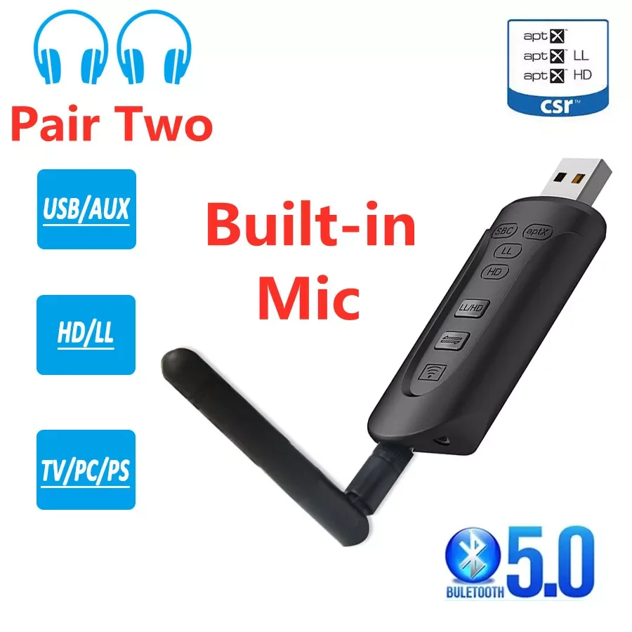 

CSR8675 AptX HD Low Latency Bluetooth 5.0 Audio Transmitter 3.5mm AUX USB Dongle Wireless Adapter & Mic for TV PC PS4 Headphones