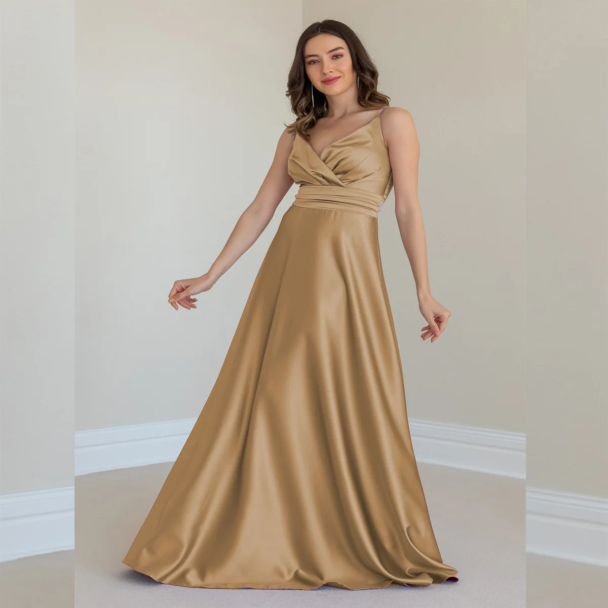 Women Elegant Soft Satin Party Dress Spaghetti V-neck Prom Evening Dress Fashion Sexy Slim Waist A-Line Formal Dresses