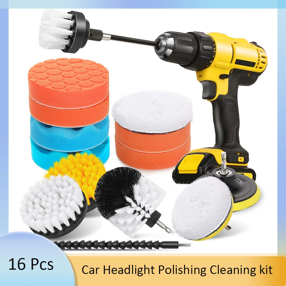 

16 Pcs Brush Car Detailing Kit Polishing Sponge Pads Soft Bristle Power Scrubber with Extend Attachment for Cleaning Automotive
