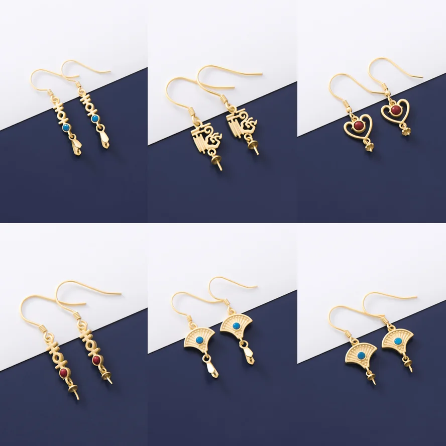 

S925 Sterling Silver Fashion Antique Gold Retro Fan-Shaped Earrings Handmade Accessories DIY Earrings Base Various Ethnic Styles