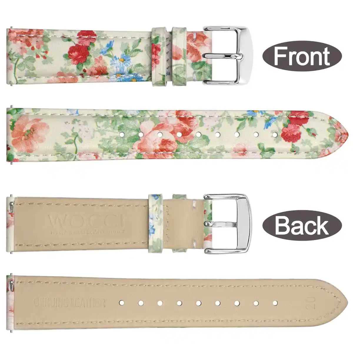 WOCCI Flower Watch Band Genuine Leather 18mm 20mm 22mm Strap Bracelet for Women Quick Release Bracelet Polished Stainless Buckle